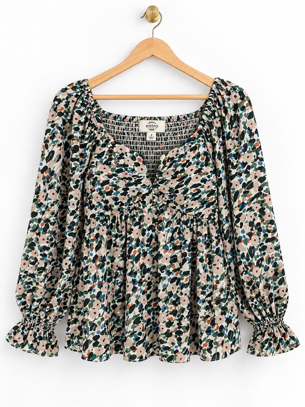 Entro Floral Smocked Babydoll Top Small Puff Sleeve Cottagecore Blouse